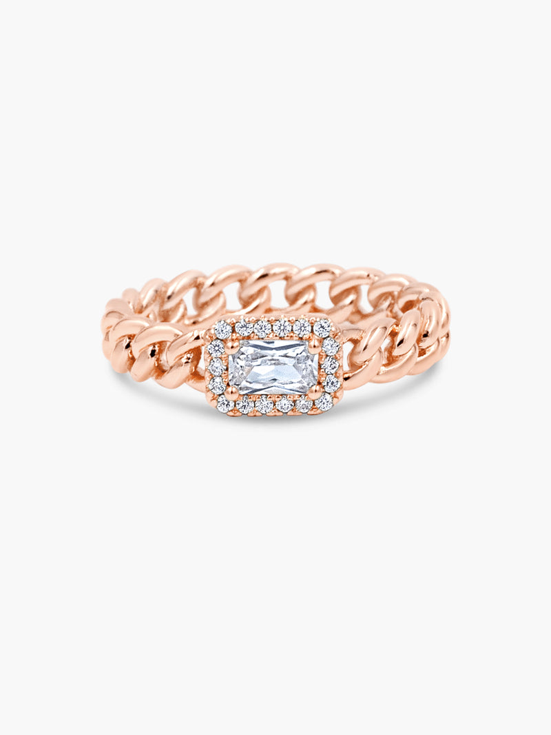 rose gold baguette halo ring