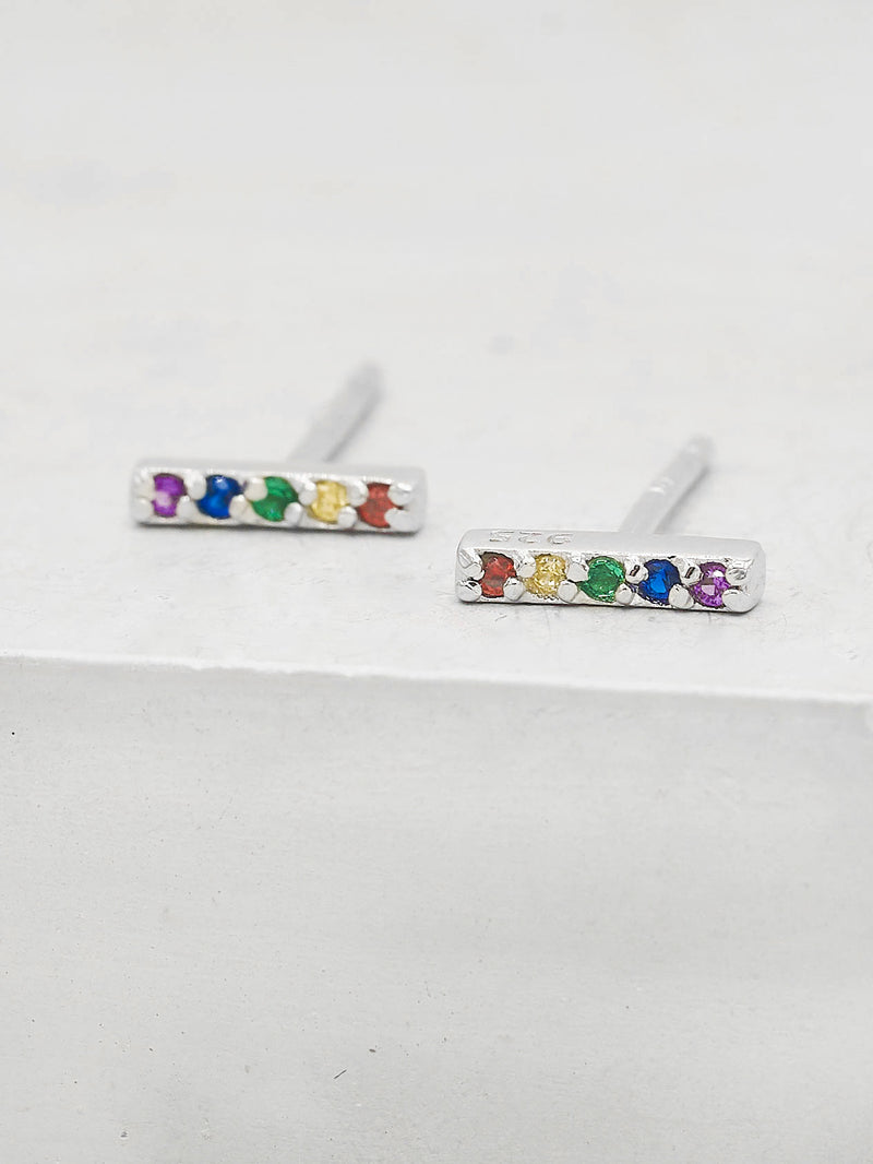 Rainbow CZ Bar design Sterling Silver Stud Earrings by the Faint Hearted Jewelry