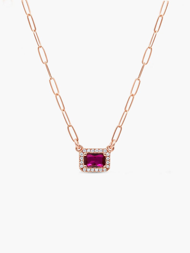 Baguette Halo Necklace - Ruby