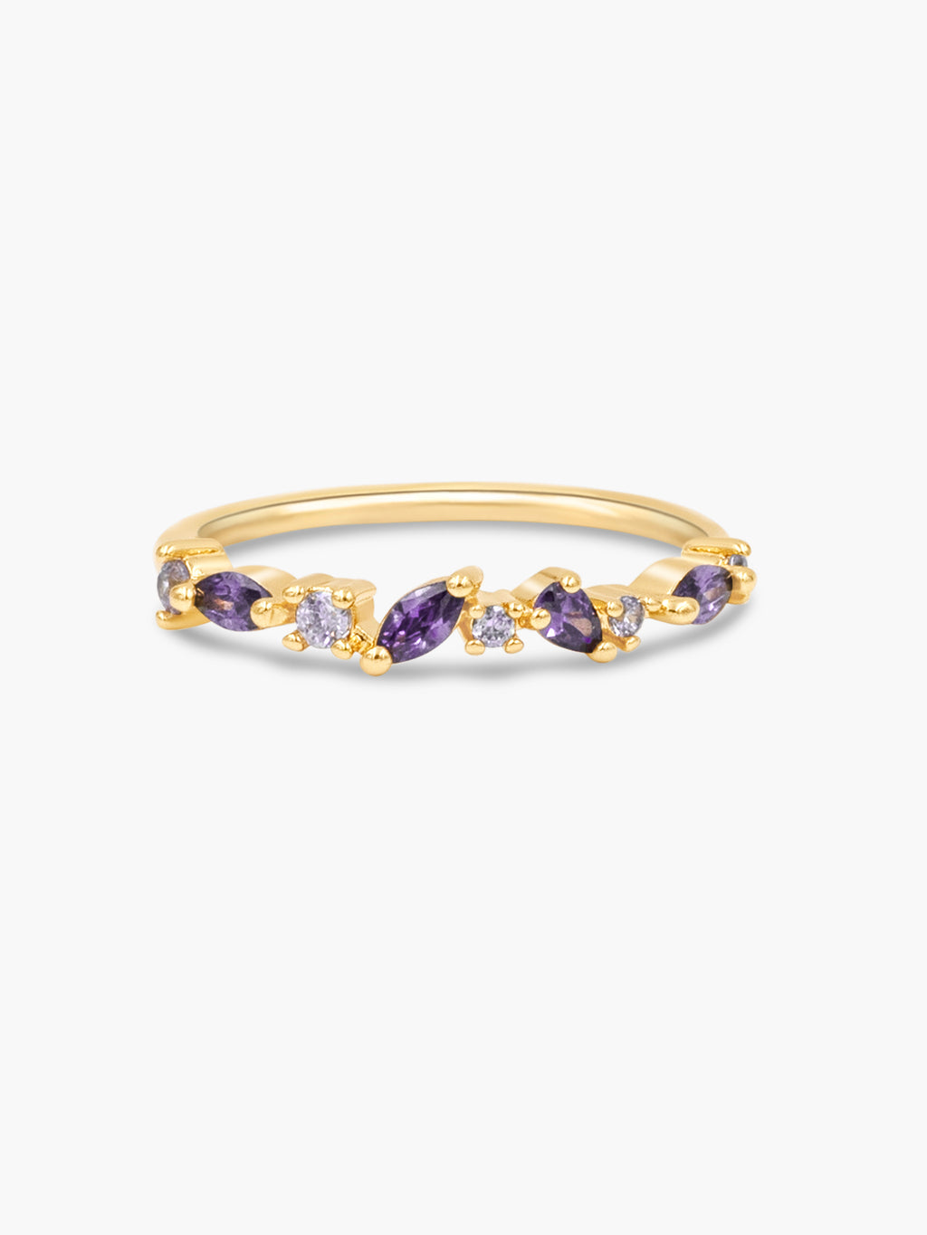 gold cluster ring with purple stones