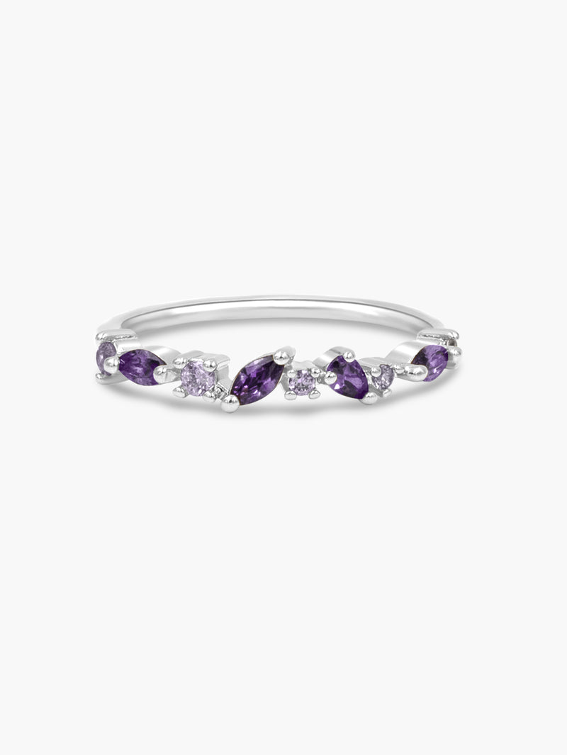silver cluster ring with purple stones