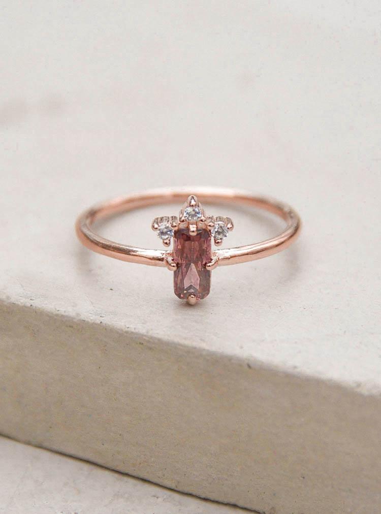 Rose Gold Rhodolite Baguette Crown Ring by The Faint Hearted Jewelry