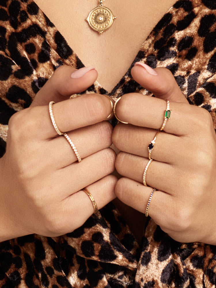 gold stacking rings- emerald green