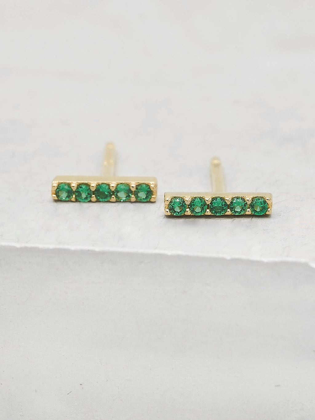 Bar design with Emerald Green CZ Stones Gold Plated Stud Earrings by the Faint Hearted Jewelry