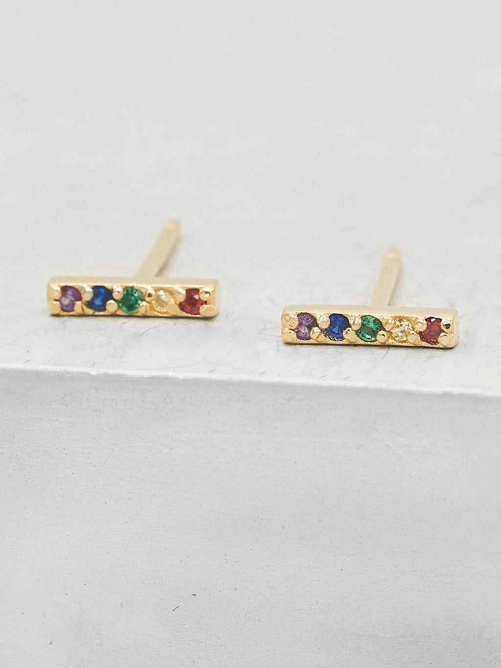 Bar design with Rainbow Round shape CZ Gold Plated Stud Earrings by the Faint Hearted Jewelry