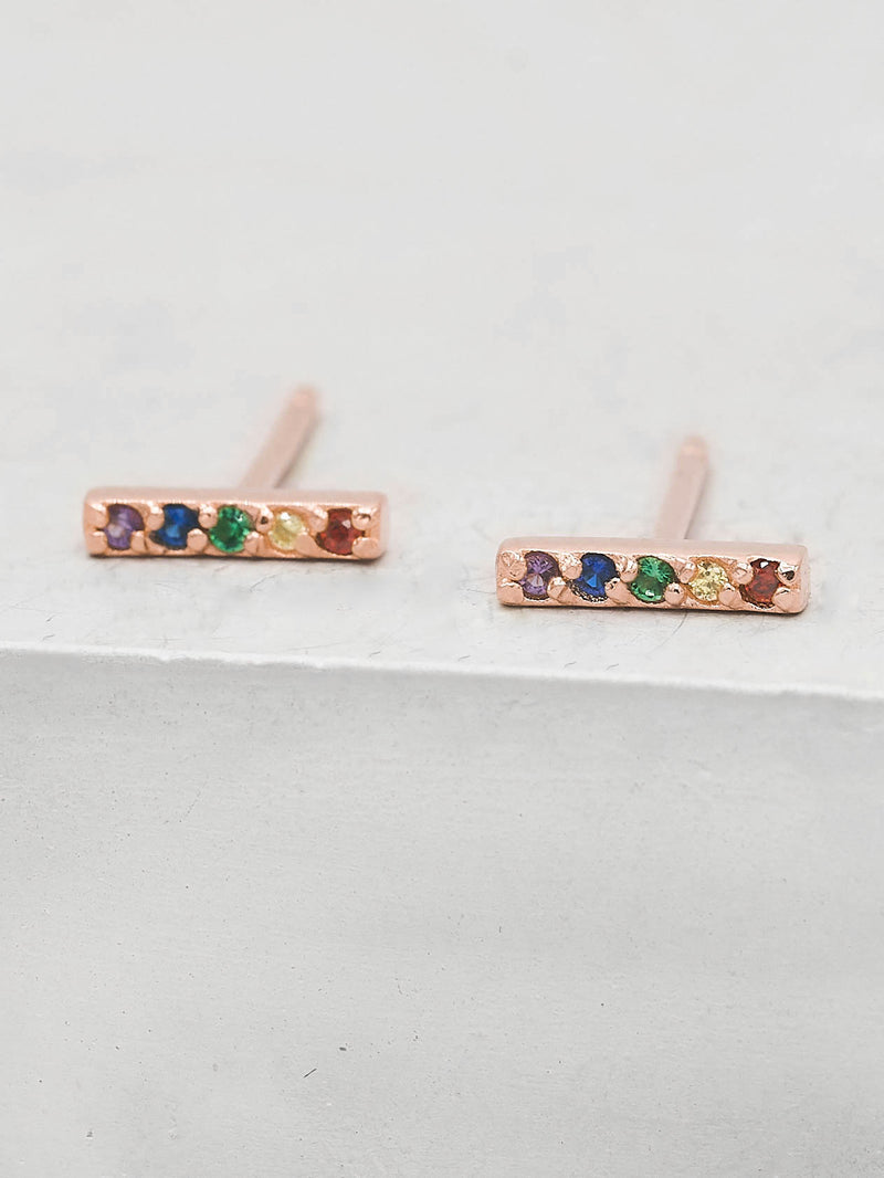 Rainbow CZ Bar design Rose Gold Stud Earrings by the Faint Hearted Jewelry