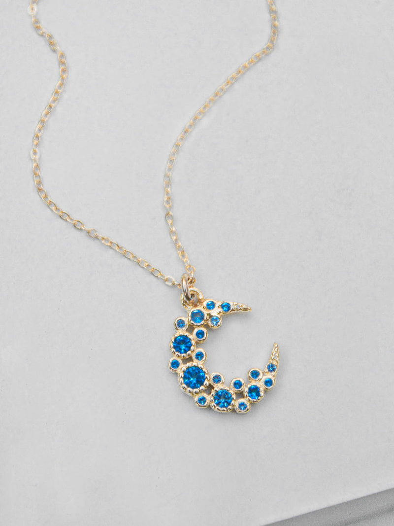 Blue Cluster Moon CZ Charm Gold Necklace  by The Faint Hearted Jewelry