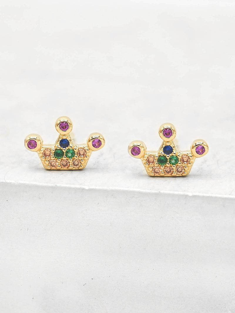 Crown design with CZ Round  rainbow stones Stud Gold Plated Earrings by The Faint Hearted Jewelry