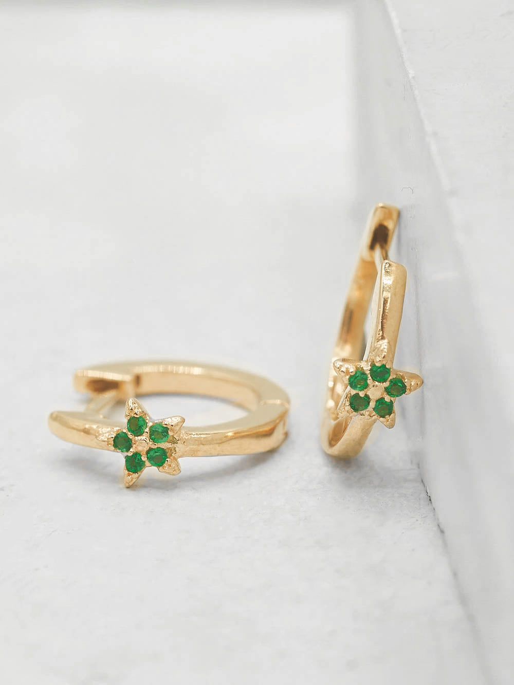 Gold Plated Brass Mini Star with Green Emerald  CZ Cubic Zirconia Hoop Huggies Dainty Earring by The Faint Hearted Jewelry
